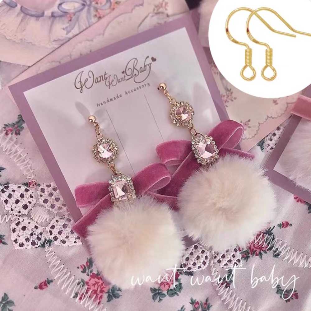 Japanese Kawaii Pink Jewelled Velvet Ribbon Bow Fluffy Pom Pom Earrings